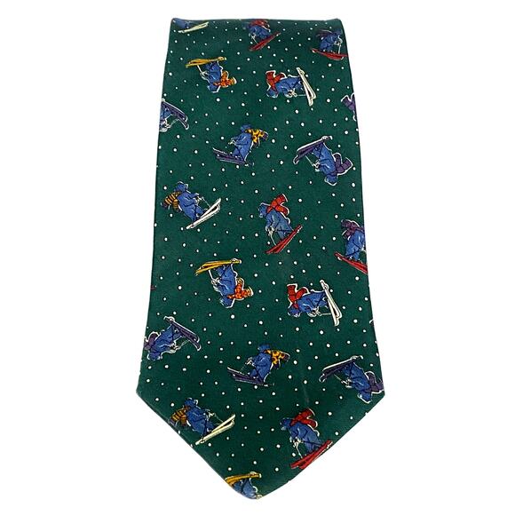 Brooks Brothers Makers Skiing Bear Ski Green Tie Silk Made USA Winter Holidays - Picture 1 of 6